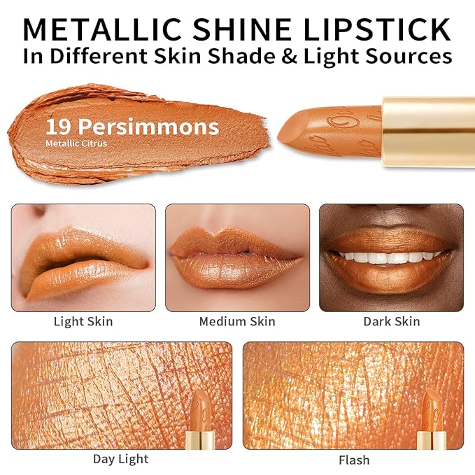 Oulac Pumpkin Color Lipstick with Metallic 3D Shine Hydrating Formula, High Impact Lip Color, Vegan Beauty, Full Coverage Lip Makeup, Christmas Gifts for Women, Persimmons(19)-Velvo Beauty