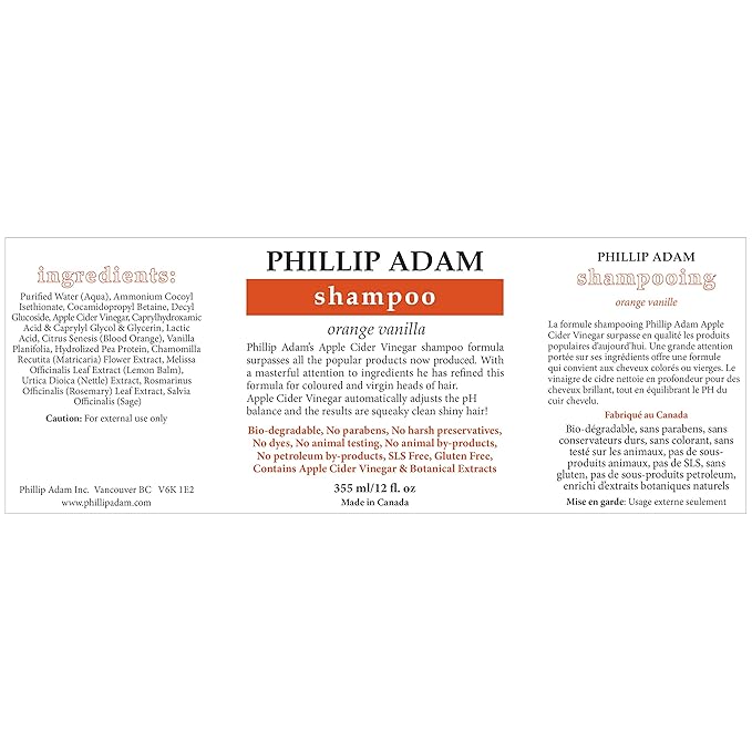 Phillip Adam Orange Vanilla Shampoo and Conditioner Set for All Types of Hair – Apple Cider Vinegar Formula - Enhance Shine and Restore Smoothness - 12 Ounce Each-Velvo Beauty