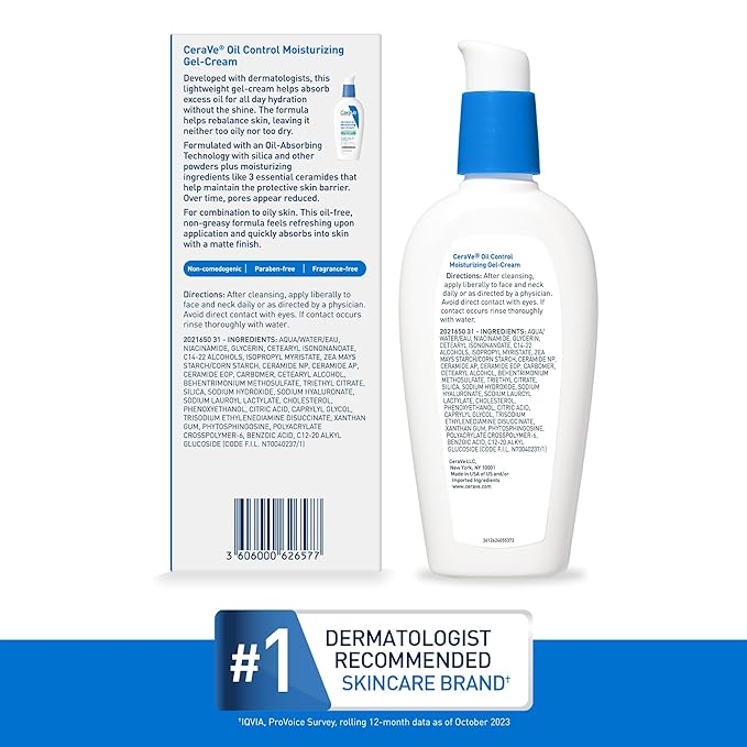 CeraVe Oil Control Moisturizing Gel-Cream, Face Moisturizer for Oily Skin, Niacinamide, Hyaluronic Acid & Oil Absorbing Technology To Rebalance Oily Skin, Non-Comedogenic, Fragrance Free & Oil-Free-Velvo Beauty