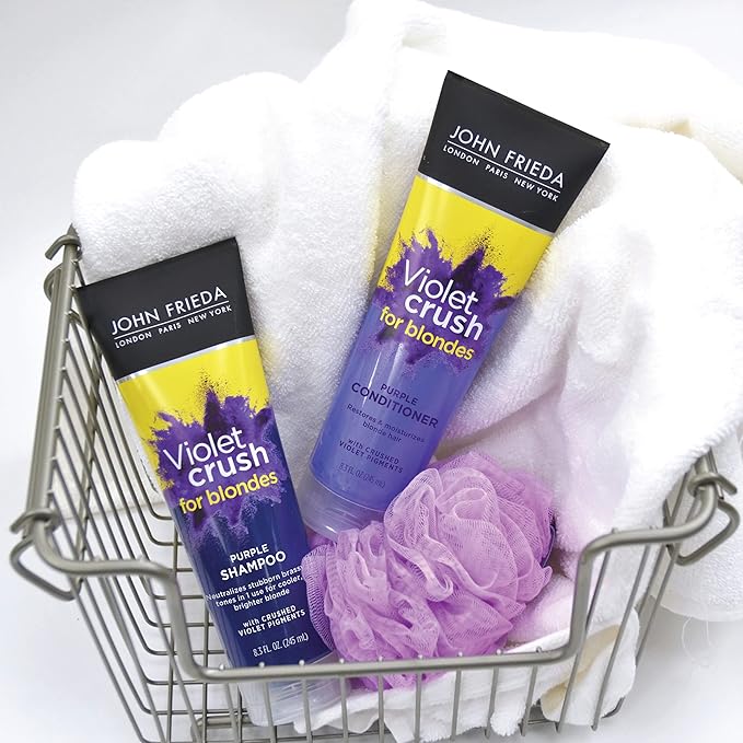 John Frieda Violet Crush Purple Shampoo and Conditioner Set for Blonde Hair, Neutralizes Yellow Tones for Bleached, Blonde, and Platinum Hair, 8.3 Oz, Pack of 2-Velvo Beauty