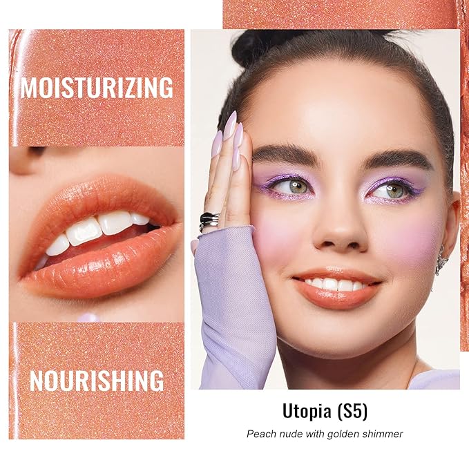 Oulac Moisture Peach Nude Lipstick - 2 in 1 Shimmer Lipstick & Lip Balm, Shimmer Soild Lip Gloss, Lightweight Smooth, Natural Look Best for Dry, Cracked and Chapped Lips, Vegan 2.2g/0.07oz (S05)-Velvo Beauty