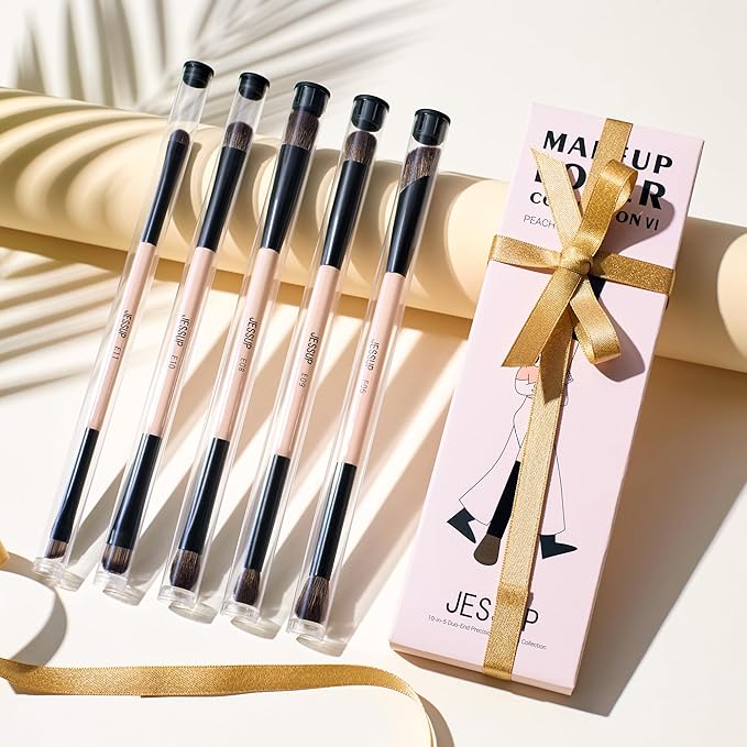 Jessup Makeup Brushes 5pcs Double Ended Eyeshadow Brush Contour Blending Eyeliner Eye Shader Brush, Vegan Fiber Precision Eye Brush Set Peach Dust T509-Velvo Beauty