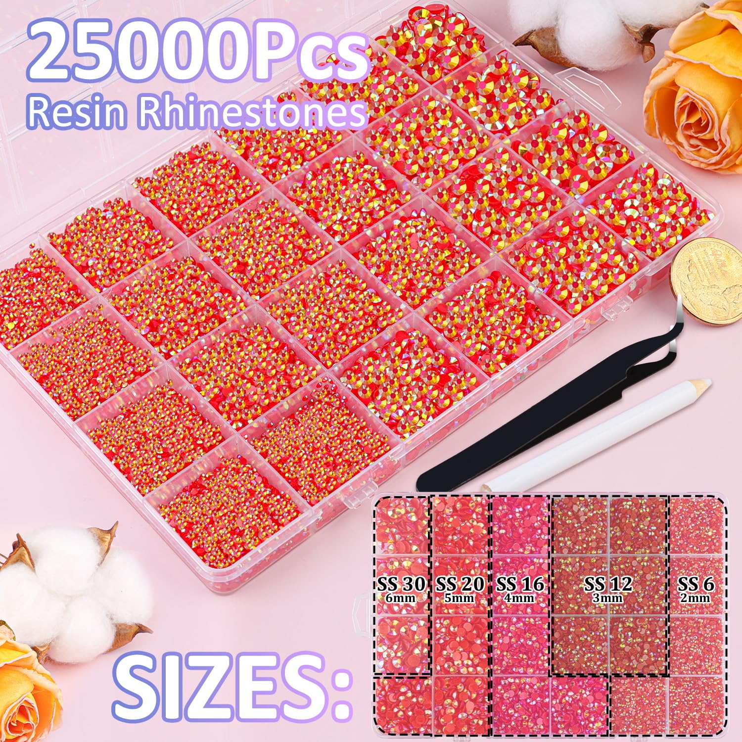 25000Pcs Resin Jelly Rhinestones for Crafting, Red AB 2-6mm Mixed Sizes Non Hotfix Flatback Gems, Bedazzling Crystal for DIY Crafts Clothing Tumblers Mugs Shoes Fabric Nail Art-Velvo Beauty