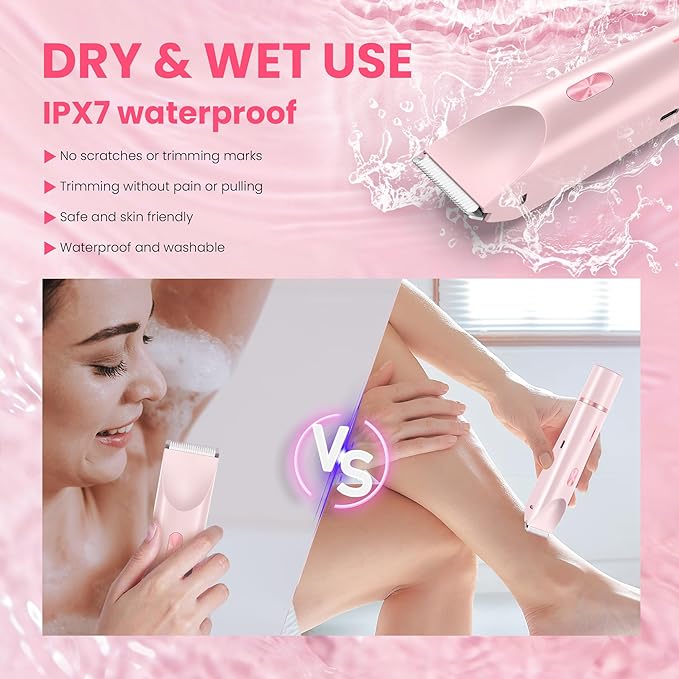 Bikini Trimmer for Women-2 in 1 Dual Head Electric Razors,USB Rechargeable Bikini Electric Shaver,IPX7 Waterproof Dry & Wet Use Body Hair Trimmer and Facial Hair Remover for Underarm Leg Body,Pink-Velvo Beauty