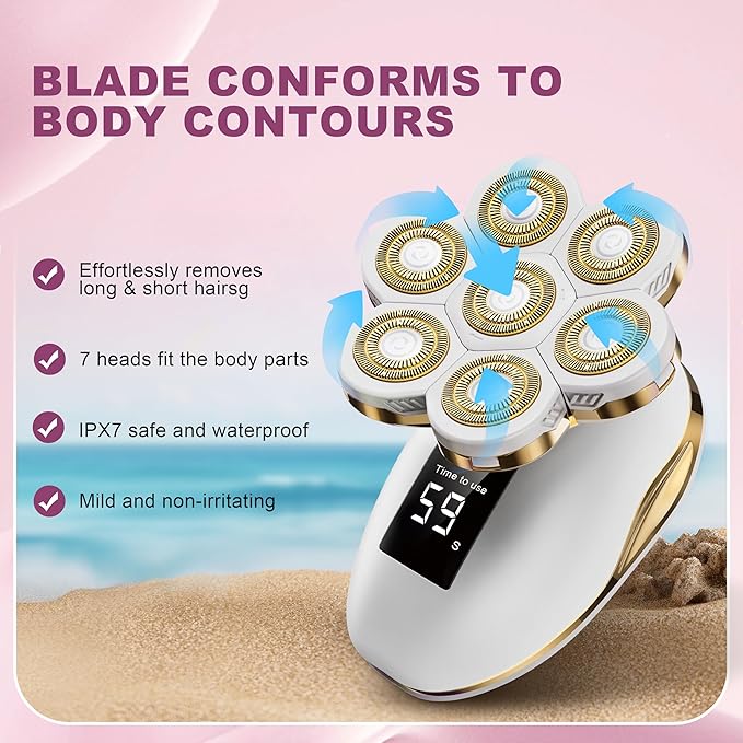 Electric Razors for Women, Wet/Dry 7D Rechargeable Rotary Shaver for Legs, Water Resistant Grooming Kit - Electric Razors for Women, Facial Hair Removal, Bikini Trimmer, Lips - Gentle Hair Remo-Gold-Velvo Beauty