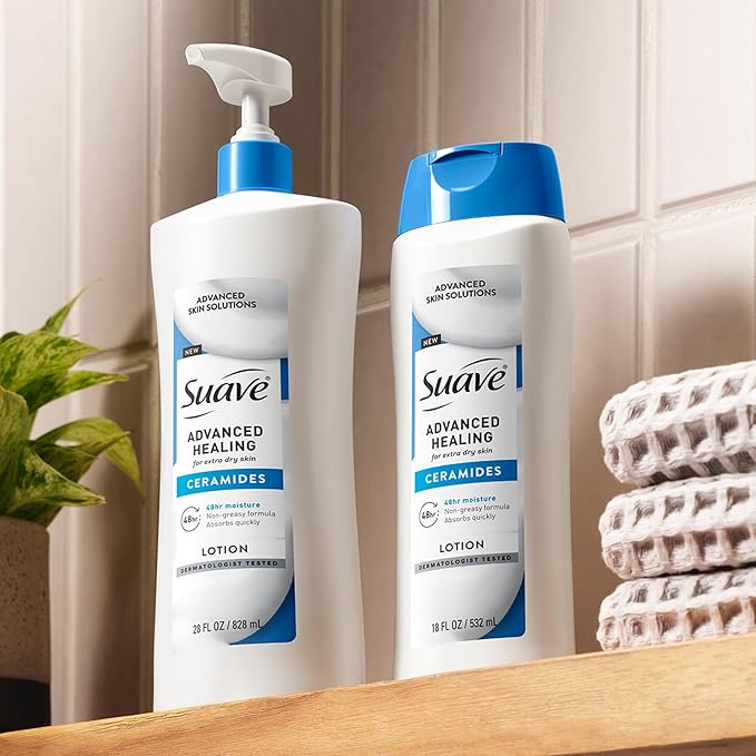 Suave+ Advanced Healing Hand & Body Lotion for Women With Ceramides for Very Dry Skin, Hydrating, Non-Greasy, Allergen-Free Moisturizing Cream, Lightly Scented, 18 FL OZ, 6 Pack-Velvo Beauty