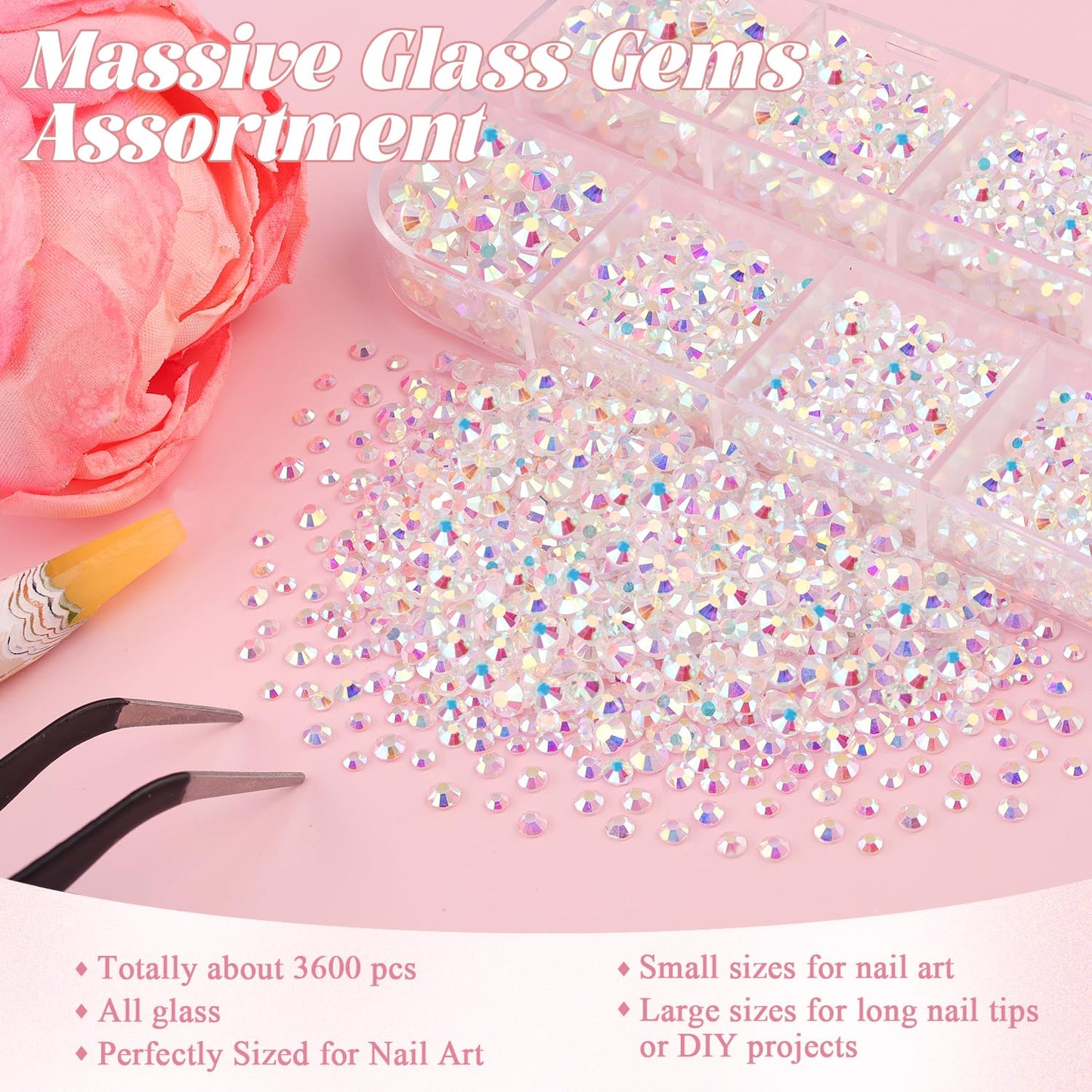 3600pcs Glass Transparent AB Nail Rhinestones 6 Sizes(1.8/2/2.4/2.8/3/4mm) Flatback Crystal Nail Charms Jewels Decoration for Nail Art and Crafting, Tweezer and Pickup Pen included-Velvo Beauty