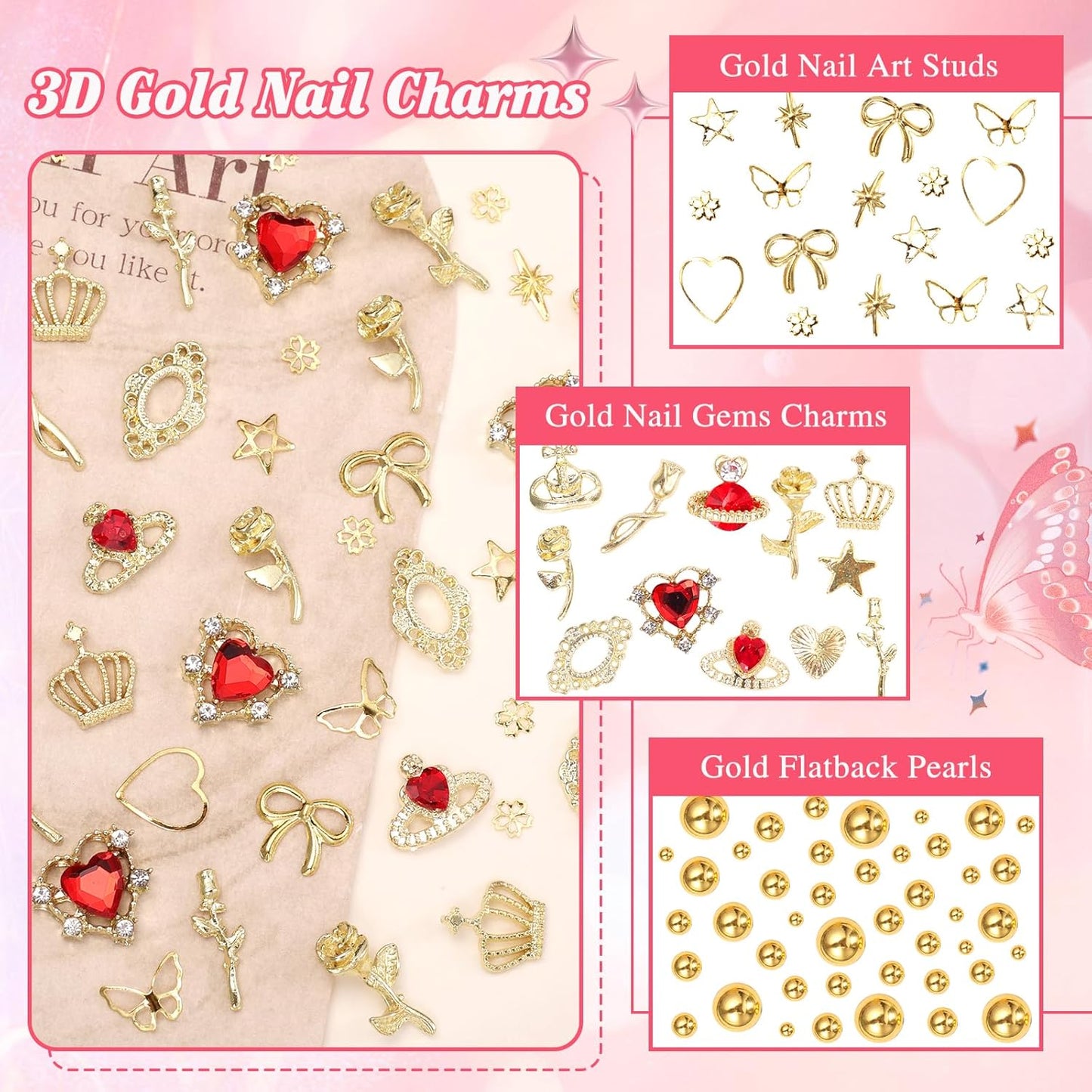 2 Boxes Metal Gold Nail Charms and Gems, 3D Alloy Crown Heart Planet Nail Gems Charms, Golden Bows Star Nail Studs, Gold Pearls Beads for Nails Art Designs DIY Accessories-Velvo Beauty