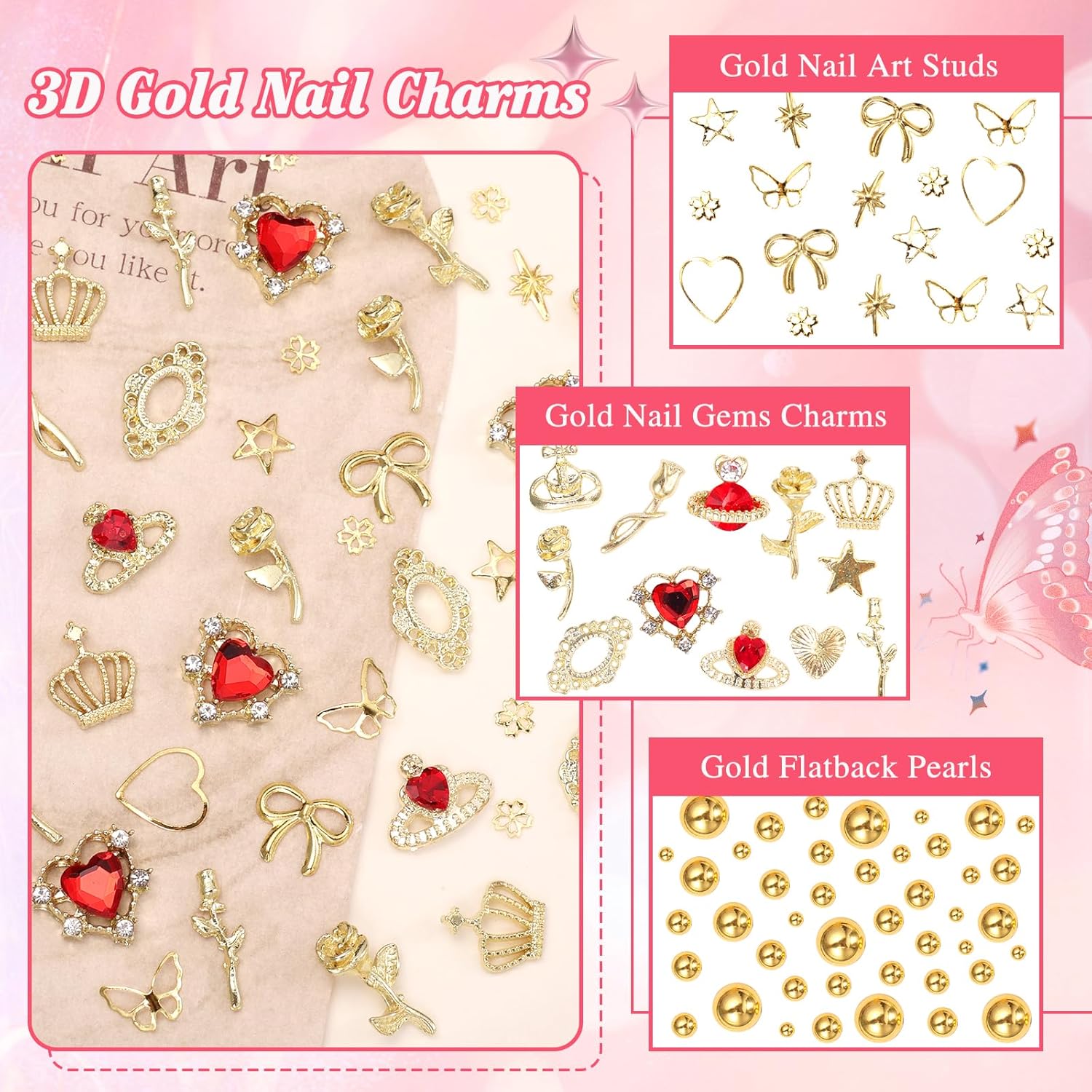 2 Boxes Metal Gold Nail Charms and Gems, 3D Alloy Crown Heart Planet Nail Gems Charms, Golden Bows Star Nail Studs, Gold Pearls Beads for Nails Art Designs DIY Accessories-Velvo Beauty