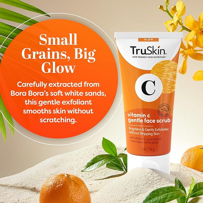 TruSkin Vitamin C Gentle Face Scrub - Brightening Daily Face Exfoliator for All Skin Types - Softens & Smooths Skin with Vitamin C, Yuzu Lemon, and Exfoliating Bora Bora White Sand - 4 Fl. Oz-Velvo Beauty