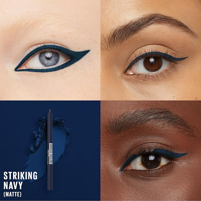 Maybelline TattooStudio Long-Lasting Sharpenable Eyeliner Pencil, Glide on Smooth Gel Pigments with 36 Hour Wear, Waterproof, Striking Navy, 1 Count-Velvo Beauty