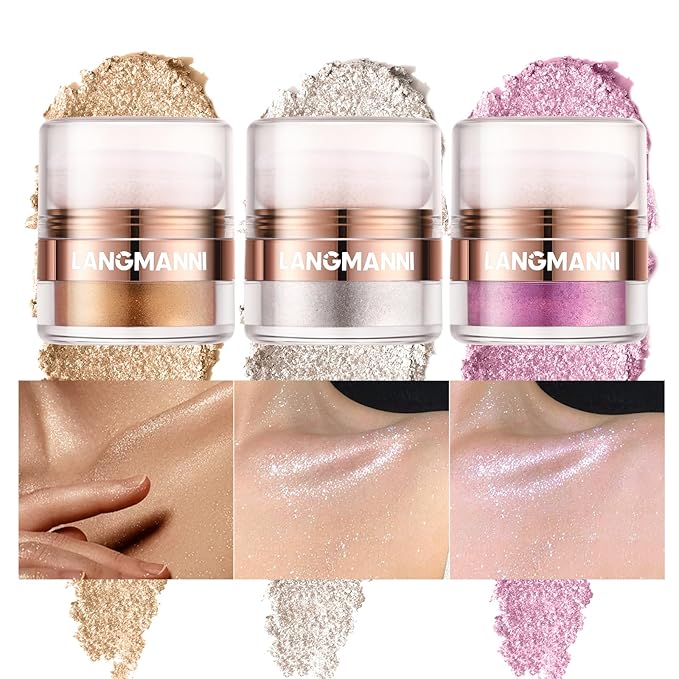 Glitter Body Highlighter Powder Body Shimmer Sparkle Face Brightening Highlighter Powder for Face Eyes Body Glow Makeup With sponge head( Golden)-Velvo Beauty