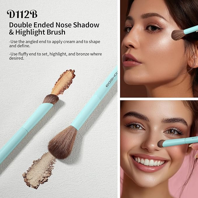 EIGSHOW Makeup Brush Set, 3Pcs Dual Ended Face Makeup Brushes for Foundation Powder Contour Highlight Concealer Nose Shadow, Travel Gift Set (Cyan)-Velvo Beauty