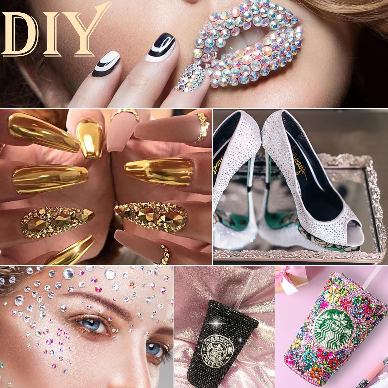 Canvalite 2784Pcs Champagne Rhinestones Flat Back Gems, Nail Rhinestones Gems with Jewelry Glues Pick Up Tweezers and Rhinestone Picker Dotting Pen, Nail Art Tools for Nails, Clothes, Face, Craft-Velvo Beauty