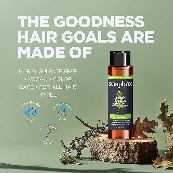 Soapbox Men's Thick and Full 2 in 1 Shampoo and Conditioner Men, Natural Mens Shampoo and Conditioner, Oak & Cedar Leaf, 16oz-Velvo Beauty