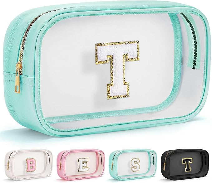 YOOLIFE Initial Make Up Bag Travel Toiletry Bag, Clear Makeup Bag Preppy Cosmetic Bags Organizer Travel Essentials Gifts for Women Teen Girlfriend Teacher Mom Birthday 12 Year Old Girl Gifts Blue T-Velvo Beauty