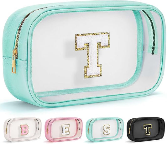 YOOLIFE Initial Make Up Bag Travel Toiletry Bag, Clear Makeup Bag Preppy Cosmetic Bags Organizer Travel Essentials Gifts for Women Teen Girlfriend Teacher Mom Birthday 12 Year Old Girl Gifts Blue T-Velvo Beauty