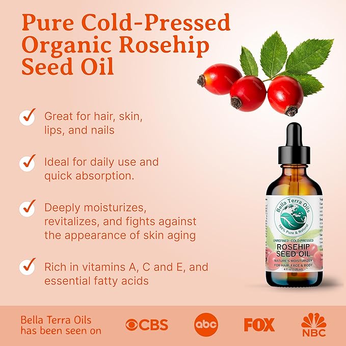 Bella Terra Oils - Organic Rosehip Seed Oil 2 oz - Cold-Pressed Elixir, Rich in Vitamin A, C, & E, Linoleic & Alpha-Linolenic Acid, Perfect Facial Emollient-Velvo Beauty