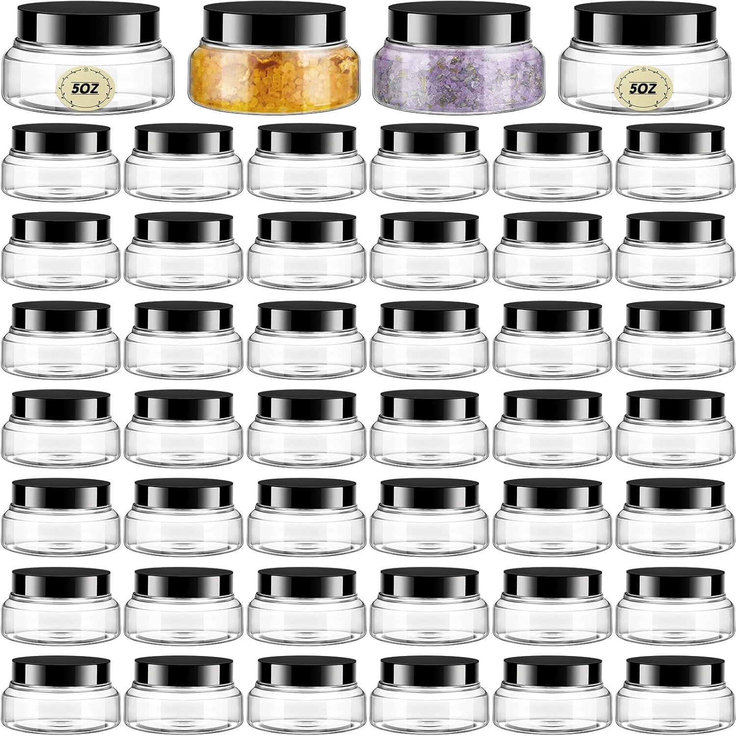 Tessco 48 Pcs Plastic Jars with Lids and Labels Body Scrub Jars Round Refillable Cosmetic Containers Empty Butter Travel Containers for Sugar Scrub Lotions Cosmetics Cream (5 oz,Clear)-Velvo Beauty
