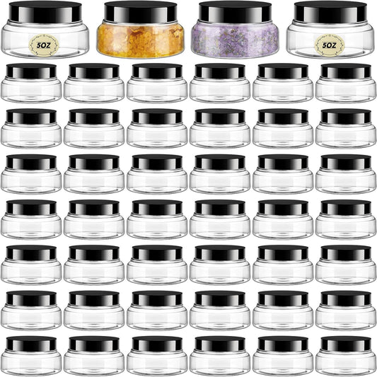 Tessco 48 Pcs Plastic Jars with Lids and Labels Body Scrub Jars Round Refillable Cosmetic Containers Empty Butter Travel Containers for Sugar Scrub Lotions Cosmetics Cream (5 oz,Clear)-Velvo Beauty