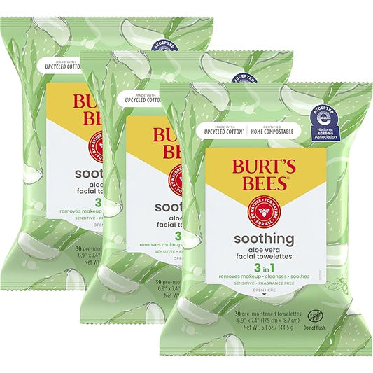 Burt's Bees Back To School Dorm Essentials, Aloe Vera Face Wipes, for Sensitive Skin, Soothing Makeup Remover & Facial Cleansing Towelettes, 30 Ct. (3-Pack)-Velvo Beauty
