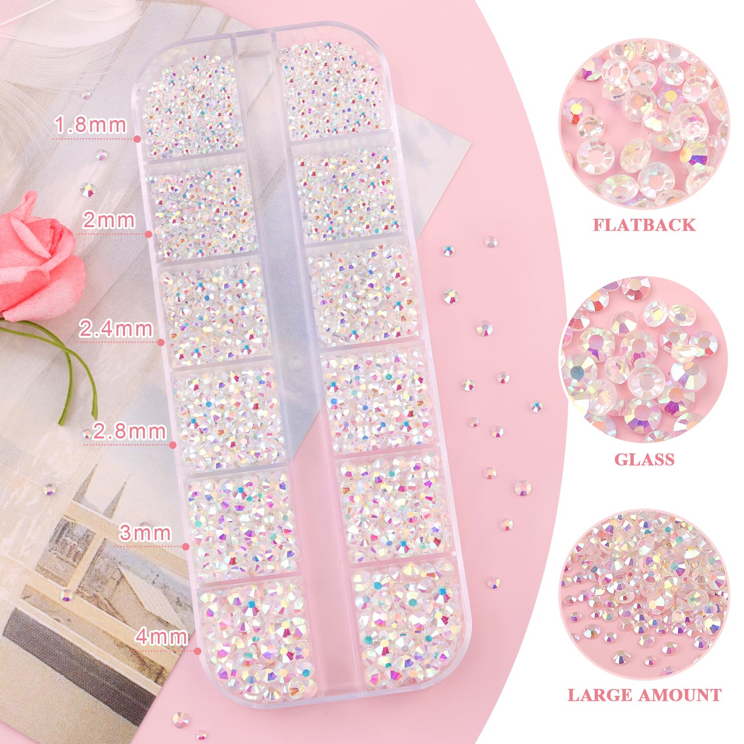 3600pcs Glass Transparent AB Nail Rhinestones 6 Sizes(1.8/2/2.4/2.8/3/4mm) Flatback Crystal Nail Charms Jewels Decoration for Nail Art and Crafting, Tweezer and Pickup Pen included-Velvo Beauty