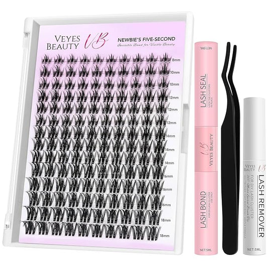 VEYESBEAUTY Lash Clusters Kit Eyelash Extensions Thin & Invisible Band Individual False Eyelashes Newbie's Five-Second Series Wispy Lash Tray for Self-application, Camellia Lashes 8-18mm Mixed Length-Velvo Beauty