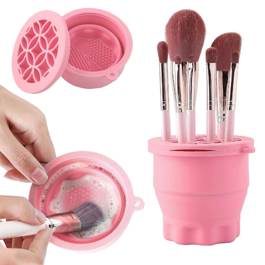 Makeup Brush Cleaner - Foldable Silicone Makeup Brush Cleaner Mat with Brush Storage Holder Makeup Brush Cleaning Bowl Cosmetic Brush Washing Tool for Cleaning Organizer and Drying (Pink)-Velvo Beauty