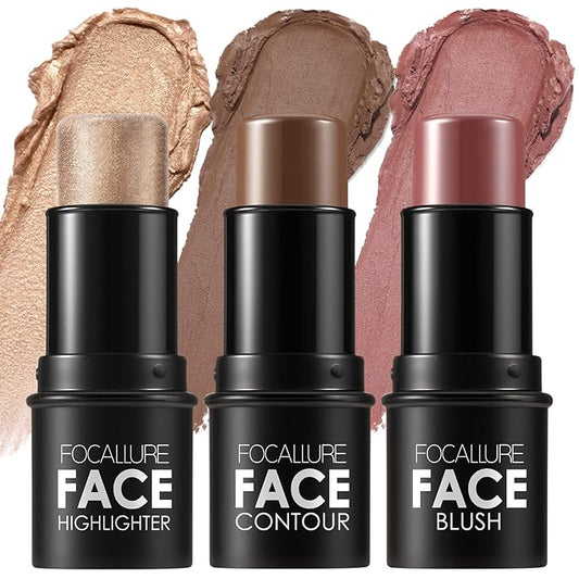 FOCALLURE 3 Pcs Cream Contour Sticks,Shades with Highlighter & Bronzer & Blush,Non-greasy Long-wear Face Contouring Pen,Easy to Sculpt the Face and Create a Lightweight Finishing Makeup,MEDIUM-DEEP-Velvo Beauty