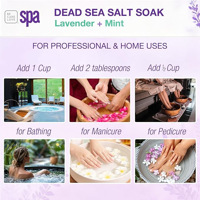 BCL SPA Dead Sea Salt Soak - Bath Salt with Organic Lavender + Mint, Shae Butter, Arnica, Aloe Vera Juice, Chamomile, Argan Oil & Jojoba Oil Skin Exfoliator- Home/Professional Use 16 fl oz-Velvo Beauty