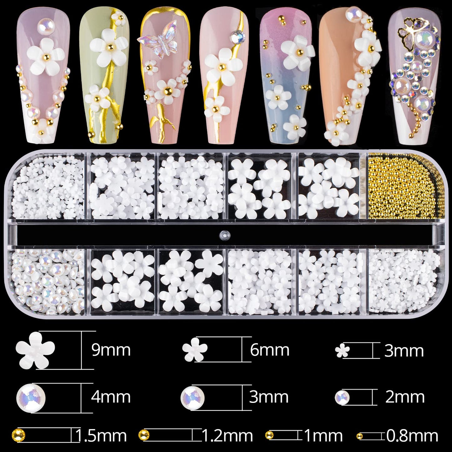 Mixed 3D Nail Art Gem Decoration Accessories Kit #9, Butterfly Starry AB Rhinestone Charm Jewelry for Deco, Pearl Flower Caviar Bead Stone Crystal with Pickup Pencil and Tweezer-Velvo Beauty