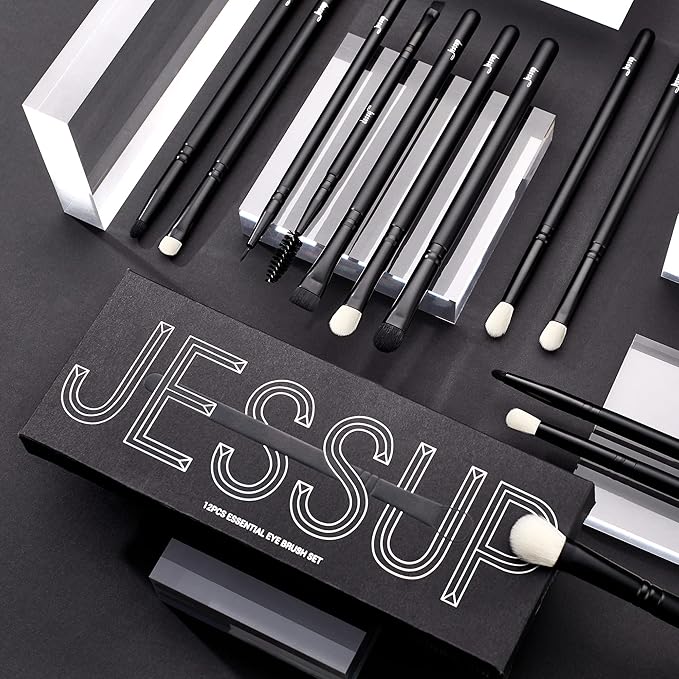 Jessup Eyeshadow Brush Set 12pcs Black Eye Makeup Brushes Set Professional with Natural Synthetic Hair for Eyebrow Eyelash Eyeliner Spoolie Blending, T322-Velvo Beauty