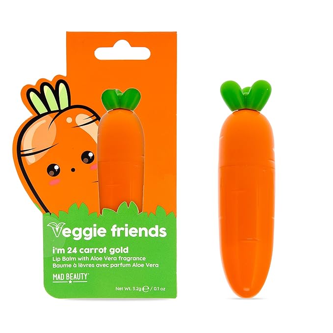 Mad Beauty Veggie Friends Carrot Lip Balm | Aloe Vera Scent | Cute and Moisturizing Lip Care | Cruelty-Free | Gift for Beauty Lovers-Velvo Beauty