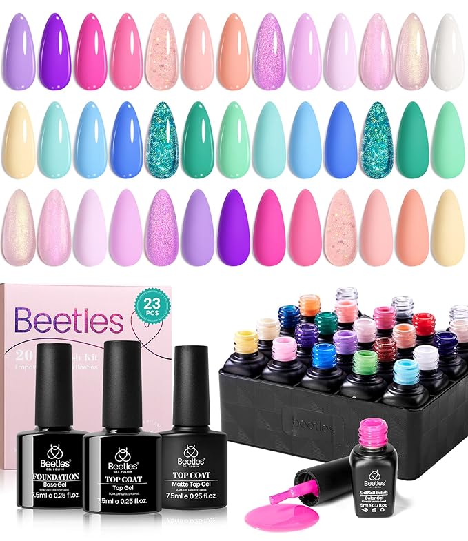 Beetles Purple Gel Nail Polish Set - 20 Colors Hot Pink Purple Shimmer Green Unicorn Bright Glitter Manicure Macaron Collection Pastel Gel Polish Kit with Base Matte Glossy Top Coat-Velvo Beauty