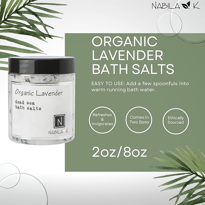 Organic Lavender Bath Salts by Nabila K - Dead Sea Salt & Epsom Salt Scrub & Soak - Exfoliates & Hydrates Skin, Botanical Essential Oils - Bubble Bath Accessories for All Skins Types, 2 oz-Velvo Beauty