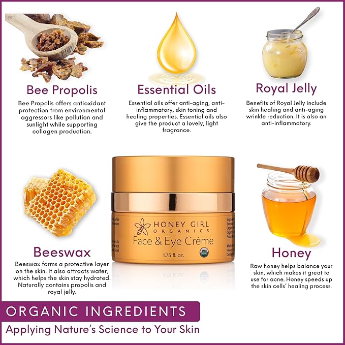 Honey Girl Organics Face & Eye Crème, USDA Certified Organic Facial Moisturizer & Under Eye Cream for Wrinkles, Dark Circles and Puffiness w/Hydrating Honey, Beeswax, Essential Oils & EVOO. 1.75oz-Velvo Beauty