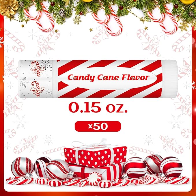 50 Pack Christmas Candy Peppermint Cane Lip Balms Bulk Holiday Flavor Collection Lip Balm Gifts Christmas Stocking Party Gifts Goodie Bags Stuffers for Women Men Staff Employee-Velvo Beauty