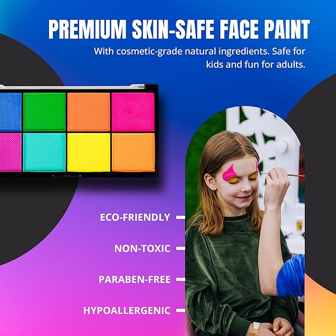 Professional Face Painting Kit - Skin Friendly Face Paint Kit - Cruelty-Free & Vegan Water Based Face Paint Makeup for Theatre, SFX and Halloween- 8 Colors 5g Each - Splashes & Spills (Neon Colors)-Velvo Beauty