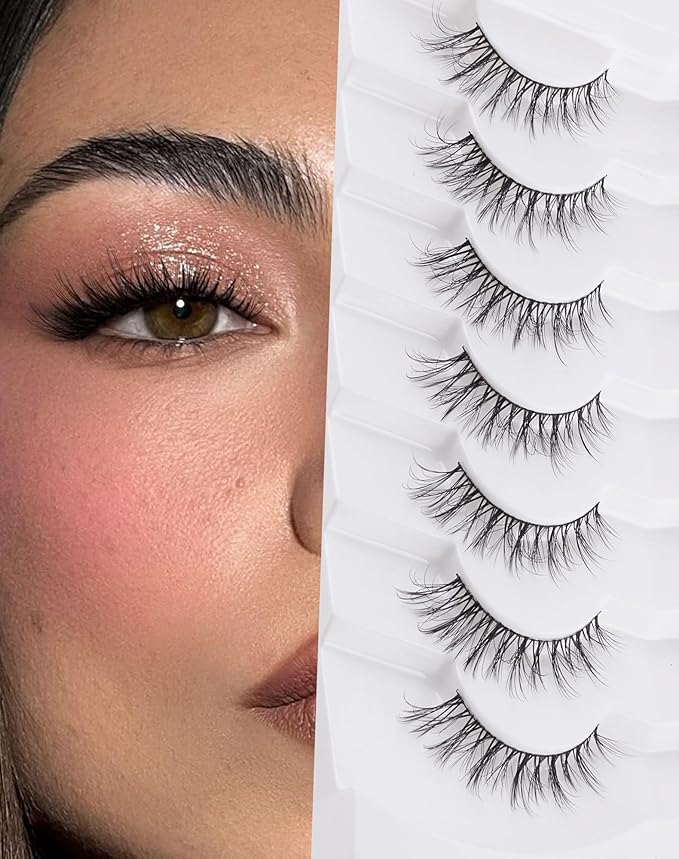 Cat eye Lashes Natural Wispy Lash Strip Natural Look Flared Eyelashes Fairy False Eye Lashes Fluffy False Eyelashes Soft 7 Pairs D97-Velvo Beauty