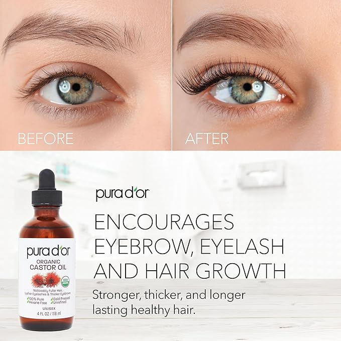 PURA D'OR 4 Oz ORGANIC Castor Oil - 100% Pure USDA Certified Cold Pressed, Hexane Free Eyelash & Eyebrow Serum - For Fuller, Thicker Lashes & Brows - Skin & Hair-Velvo Beauty