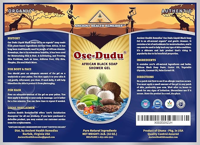 Organic, Anti-Bacterial OSE DUDU LIQUID BLACK SOAP GEL 2 LB (32 oz) Acne Eczema Dry Skin Psoriasis Scar Removal Face and Body Wash Skin Care (GHANA)-Velvo Beauty