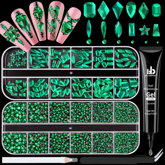 3220Pcs Emerald Green Glass Nail Rhinestones 120Pcs Multi Shapes Flatback Nail Gems +3100Pcs 1.5-4mm Round Crystal with Rhinestones Glue Gel, Manicure Nail Charms Diamond Gemstones for Nail Art-Velvo Beauty