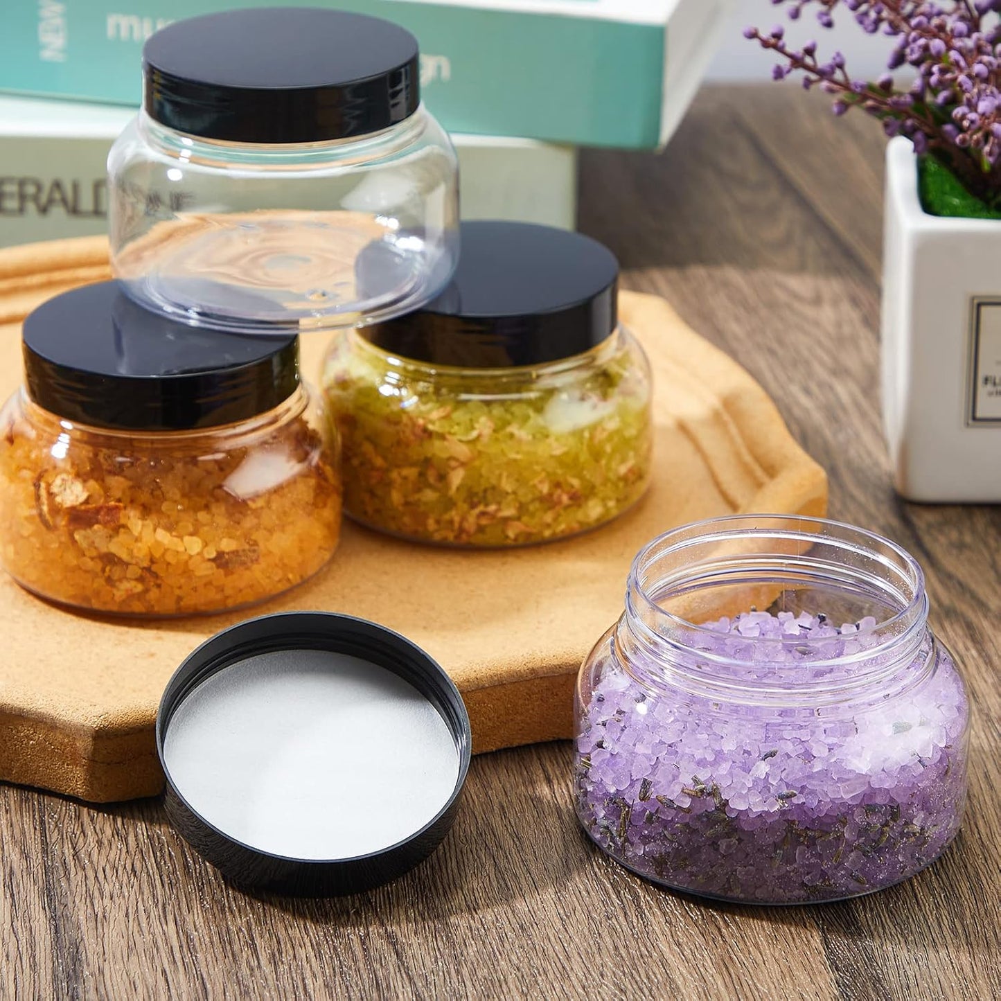 Tessco 24 Pack Plastic Jars with Lids Labels Empty Clear Plastic Jars Round Refillable Cosmetic Containers Body Butter Containers Bulk Sugar Scrub Bottle for Make Up (8 oz,Clear, Black)-Velvo Beauty