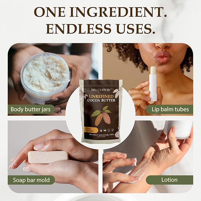 Era of Nature Cocoa Butter Raw – 100% Pure & Unrefined, Cold-Pressed Cacao – For DIY Skincare & Haircare – Deep Hydration for Skin, Hair, Lips – Stretch Mark & Scar Care – Natural Chocolate Scent, 8oz-Velvo Beauty