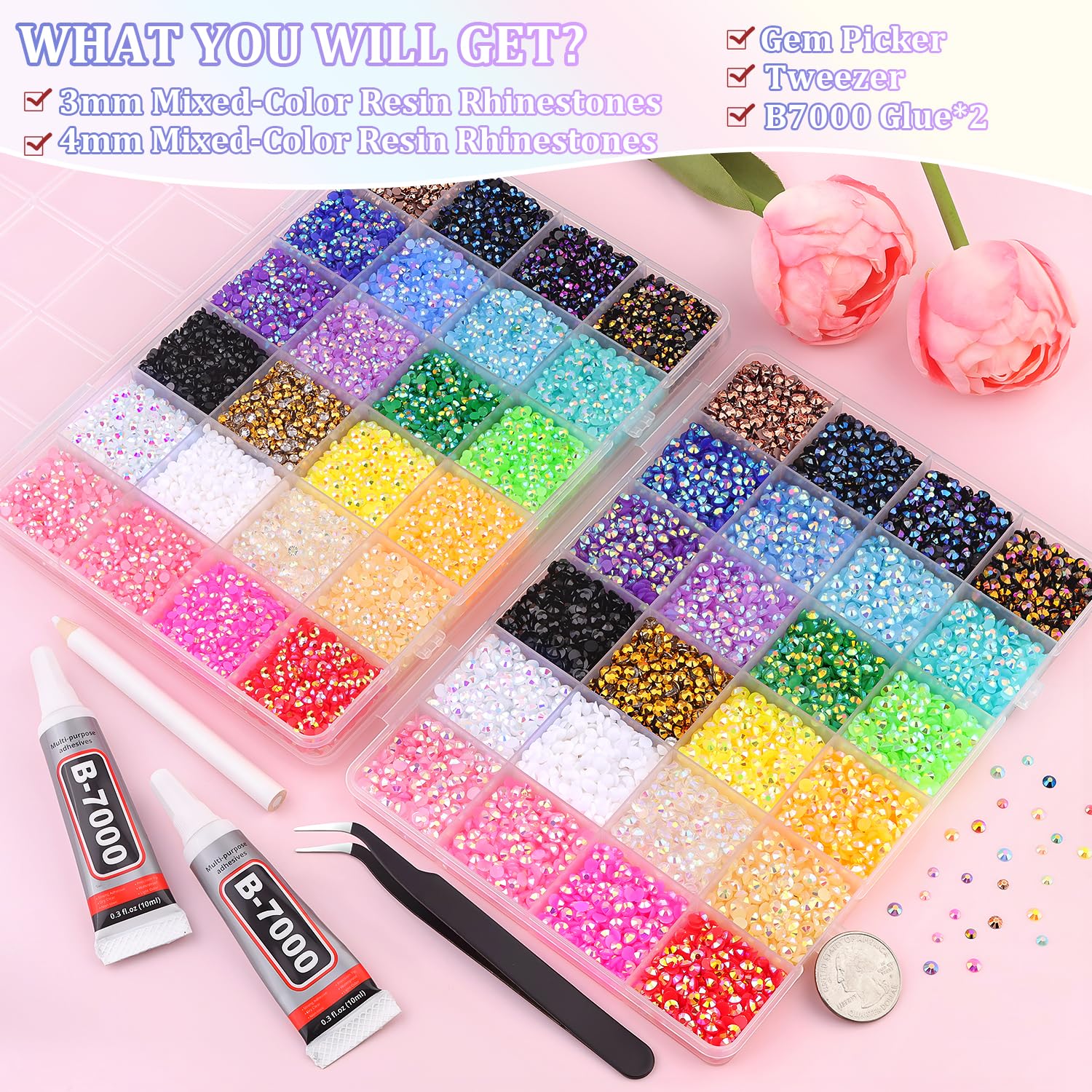 2 Boxes Jelly Rhinestones for Bedazzling, 36600Pcs 3mm & 4mm Multicolor Flatback Resin Gems for Crafting, Bedazzler Kit with 2Pcs 10ml B7000 Jewelry Glue for DIY Crafts Book Fabric Decor Nail Art-Velvo Beauty