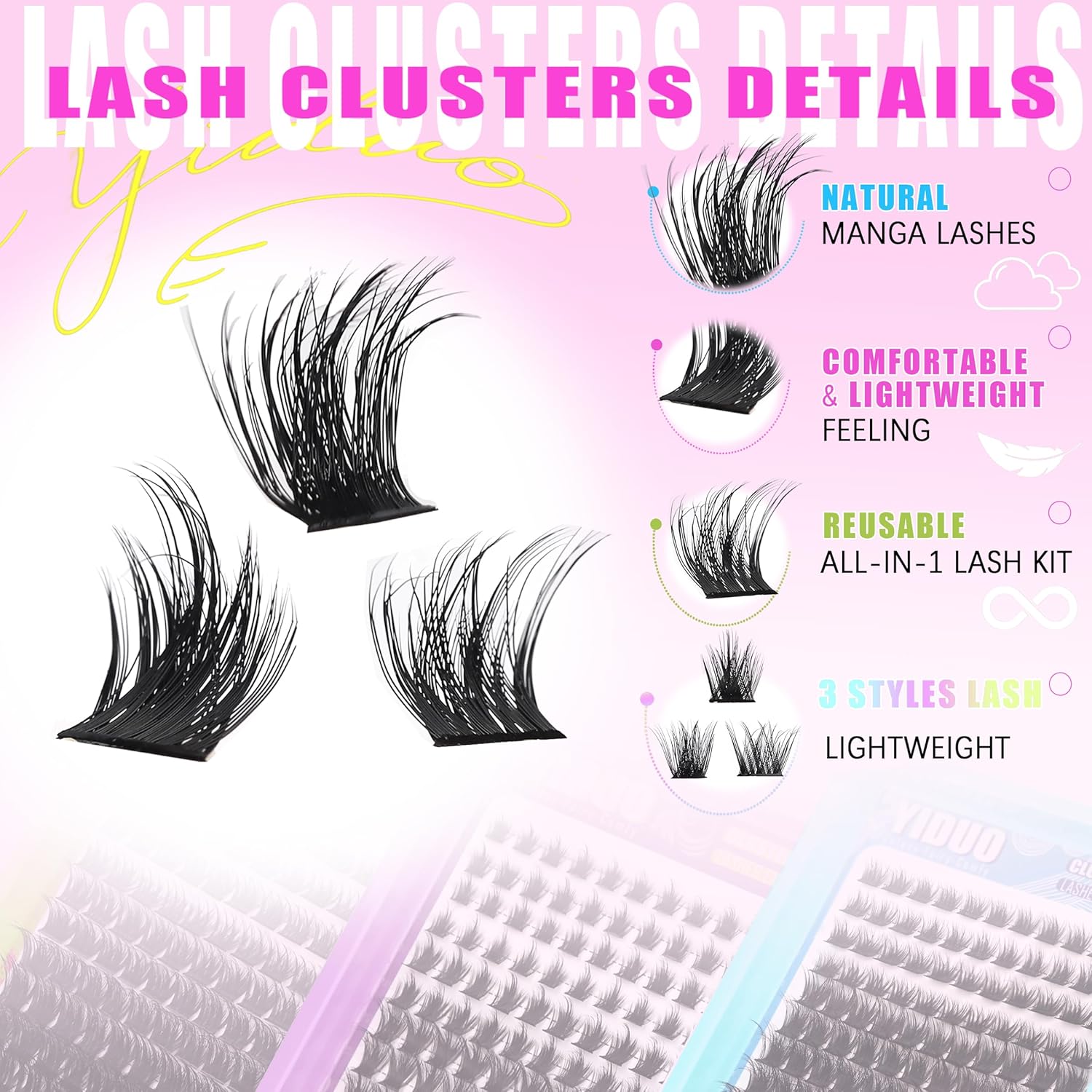 3 Styles Lash Clusters Kit Bulk Packs with 2×Bond&Seal Volume/Manga/ultra/Dramatic Eyelash Extensions 8-18mm lashes Clusters Kit Wispy D Curl Individual Fake Eyelashes Kit DIY at Home Easily-Velvo Beauty