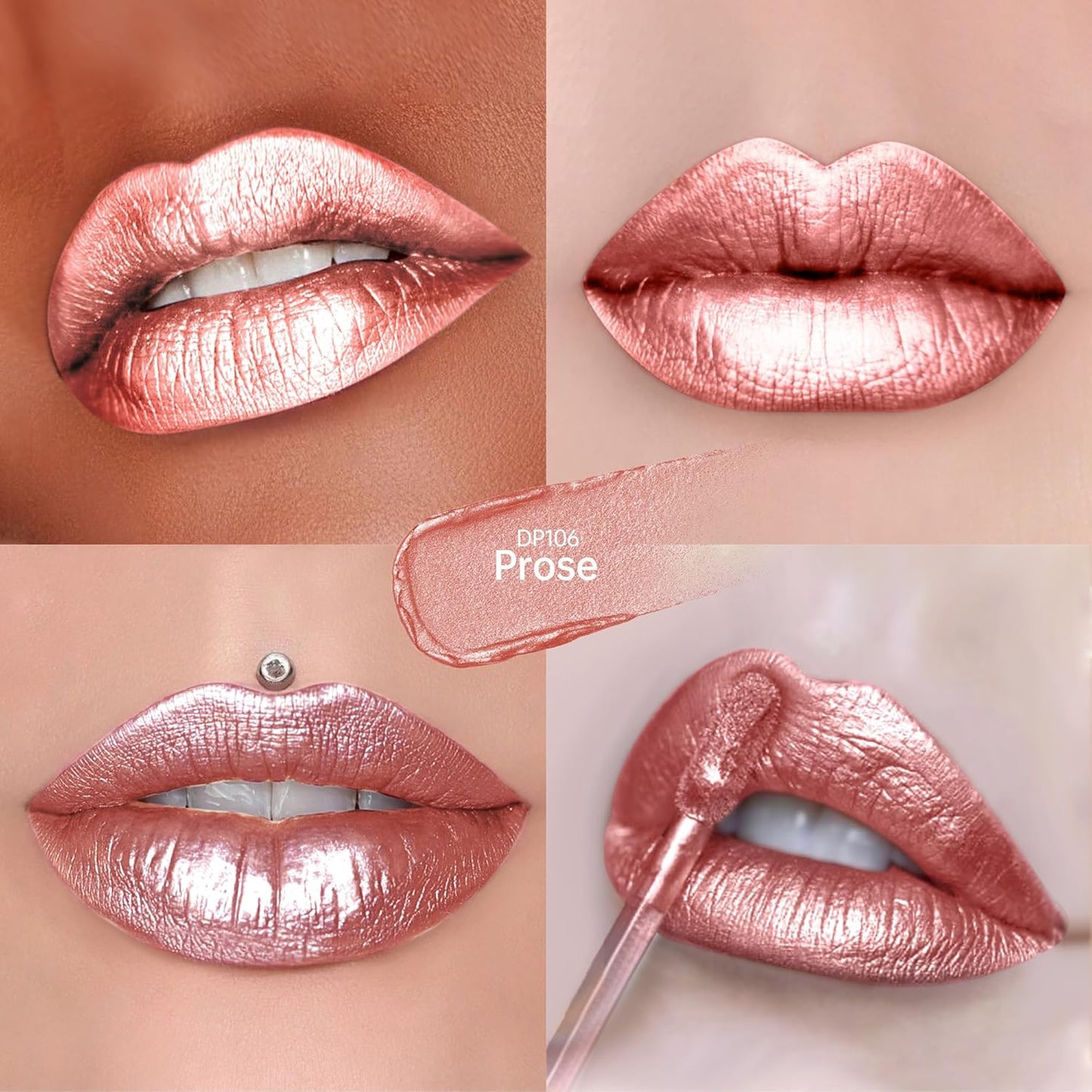 Nude Pink Lipsticks for Women Metallic Lipstick Long Lasting Non Stick Cup Lip Gloss, Shimmer Lightweight Hydrating Full Coverage Lip Color, DP106 Prose-Velvo Beauty