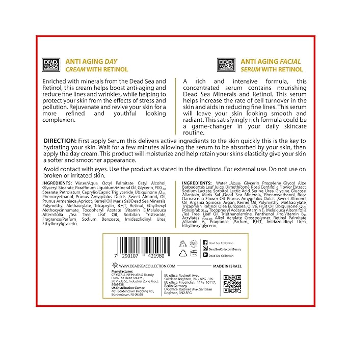 Dead Sea Collection Facial Kit Retinol - Day Cream (1.69fl.oz/50ml jar) & Facial Serum (1.69fl.oz/50ml bottle) - Pure Dead Sea Minerals - Anti-Wrinkle Hydration Smooth and Moisturized Skin-Velvo Beauty