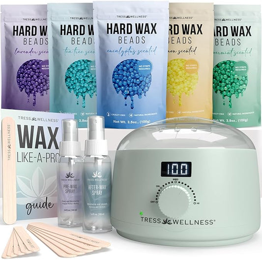 Tress Wellness Waxing Kit for Sensitive Skin – Safe for Face & Skin, Prep & Aftercare Spray, Easy to Use – At-Home Kit for Face, Bikini, Brazilian & Full Body - Digital Display, Green-Velvo Beauty