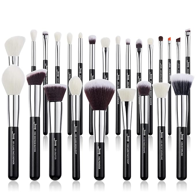 Jessup 25pcs Professional Makeup Brush Set Foundation Powder Concealer Eyeshadow Blending Blush Highlighter Natural-Synthetic Hair Brushes (Black/Silver)-Velvo Beauty